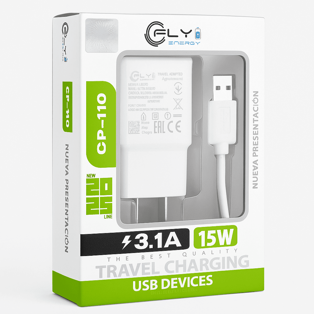 CARGADOR DE VIAJE CON CABLE USB A MICRO USB -   CP-110