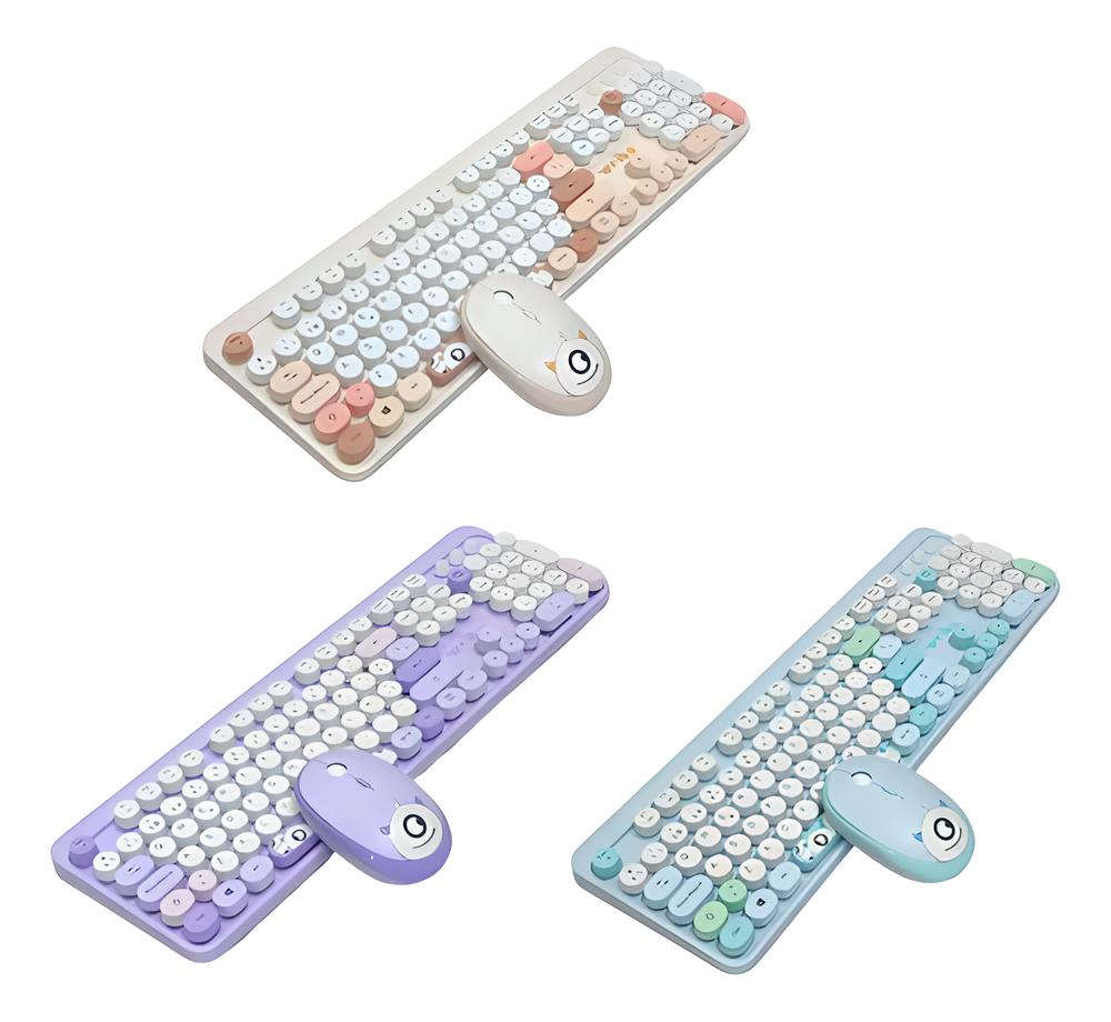 COMBO TECLADO Y MOUSE INALÁMBRICOS DISEÑO RETRO Y COLORES PASTEL WB216