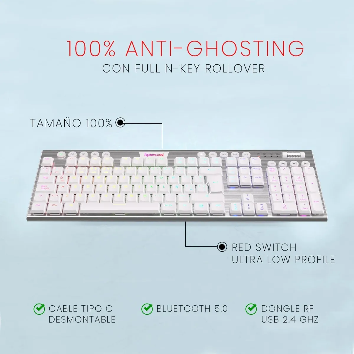 TECLADO MECÁNICO INALÁMBRICO REDRAGON HORUS RGB - K618W - Imagen 4